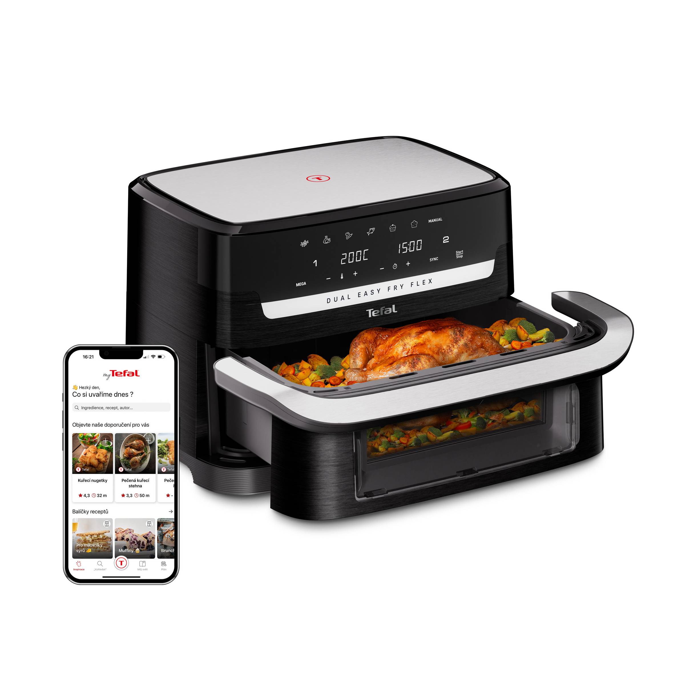 Duální horkovzdušná fritéza Tefal Dual Easy Fry Flex 9 l, EY9228E0, černá