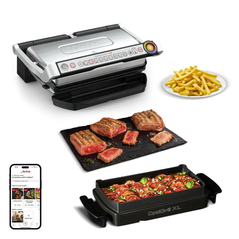 Elektrický stolní gril Tefal OptiGrill+ XL Snacking & Baking se zapékací mísou GC724D12 Stříbrný/Černý