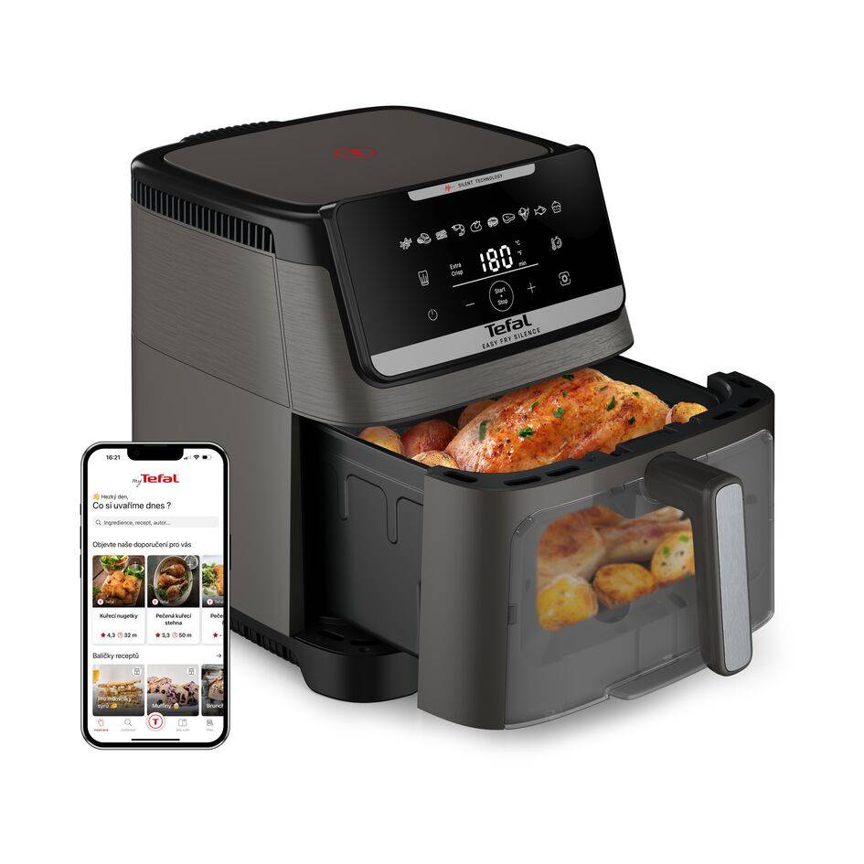 Tichá horkovzdušná fritéza Tefal Easy Fry Silence 7L EY846HE0, tmavě šedá