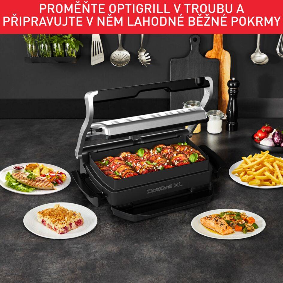 Elektrický stolní gril Tefal OptiGrill+ XL Snacking & Baking se zapékací mísou GC724D12 Stříbrný/Černý