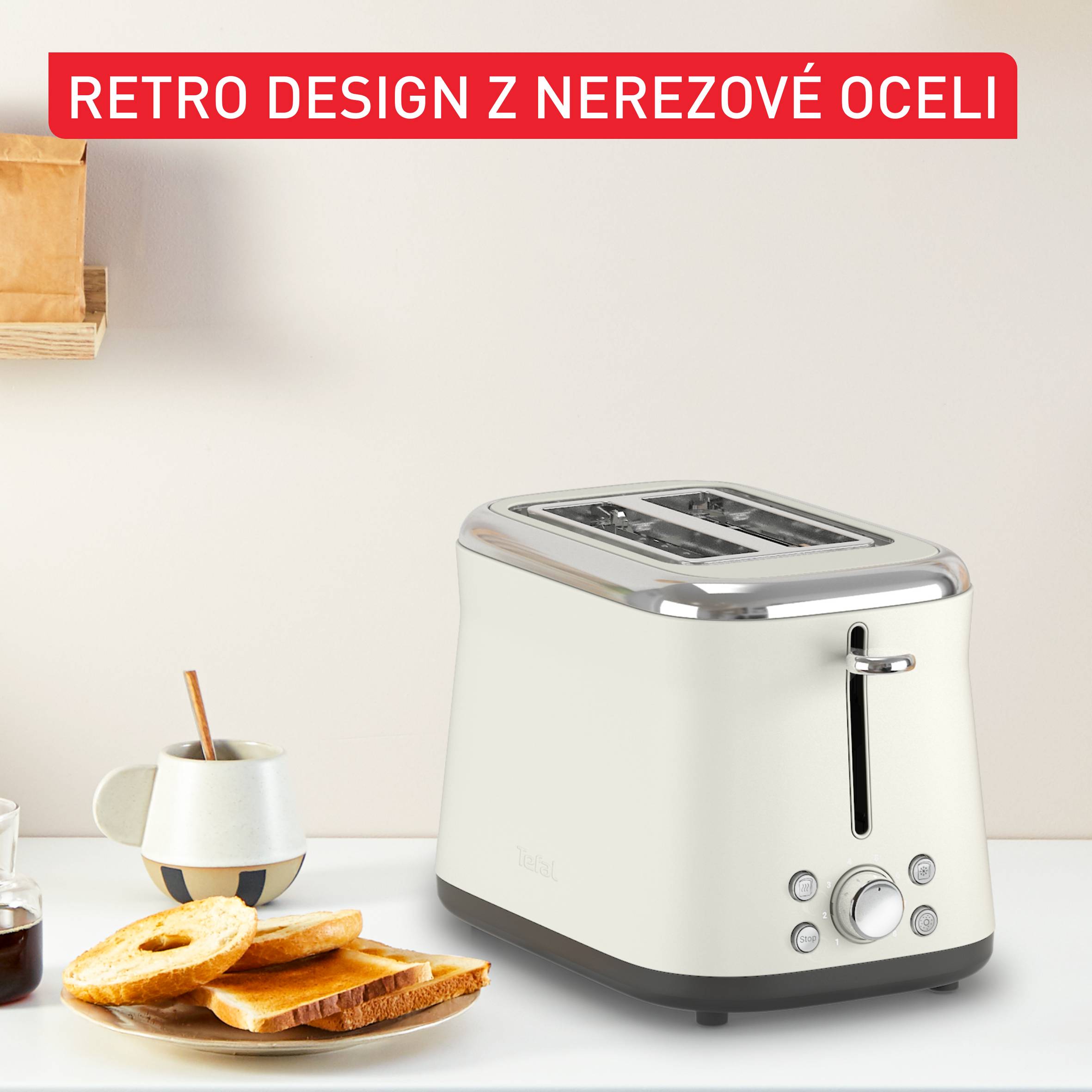 Retro topinkovač Tefal Collection, TT720AE0, nerezový, krémová