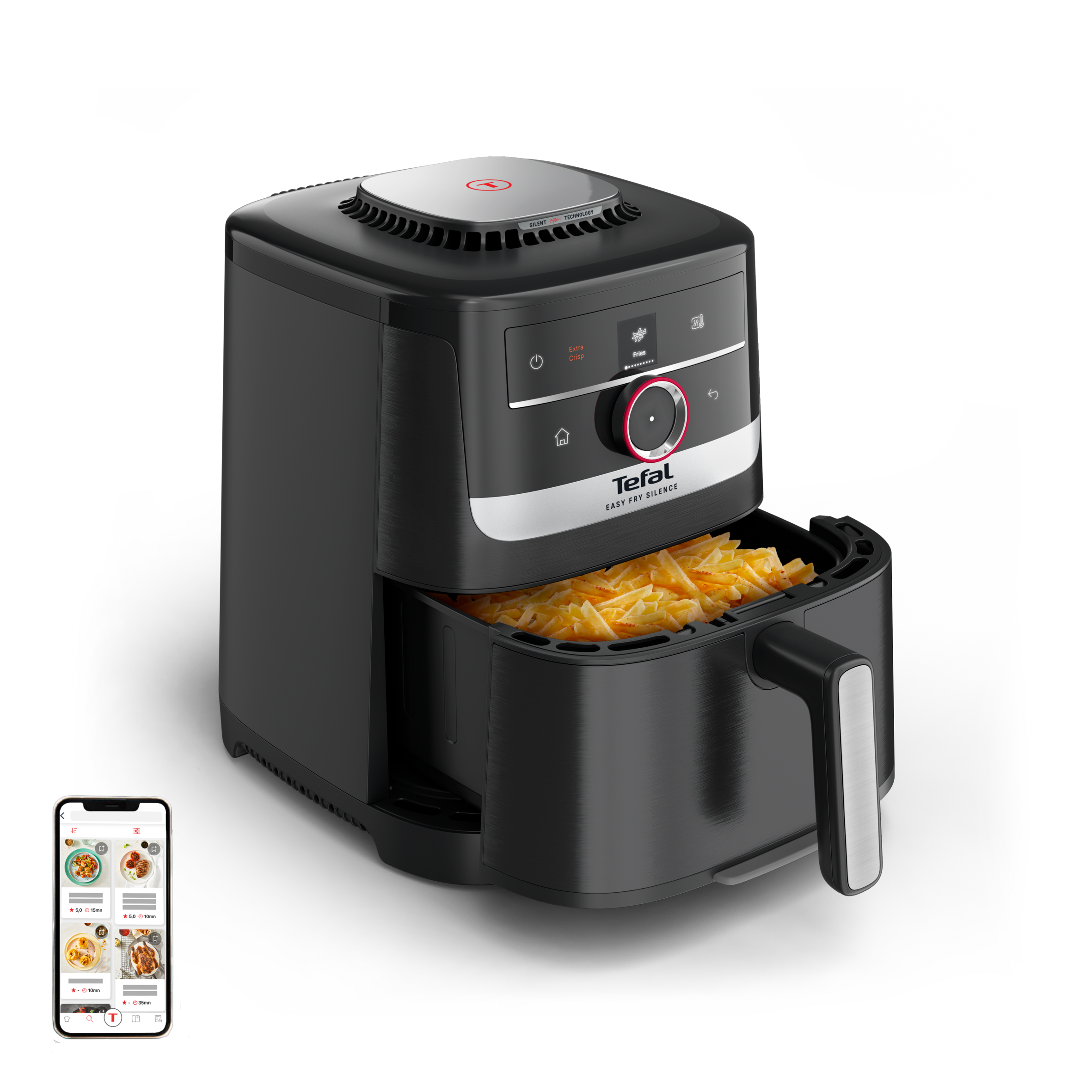 Tichá horkovzdušná fritéza Tefal Easy Fry Silence Smart 5 l EY5728E1, černá