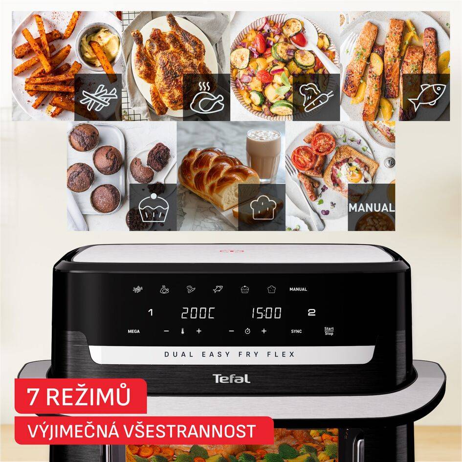 Duální horkovzdušná fritéza Tefal Dual Easy Fry Flex 9 l, EY9228E0, černá