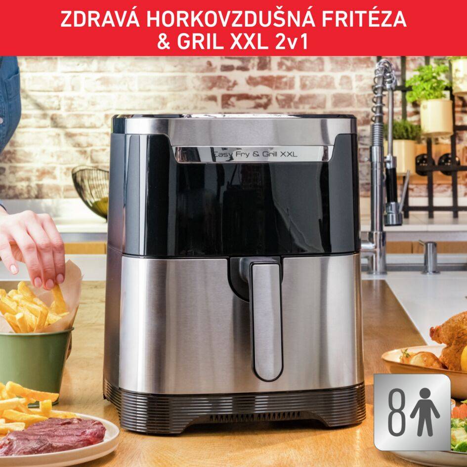 Velká horkovzdušná fritéza bez oleje Tefal Easy Fry & Grill XXL 2v1 EY801D15 Nerezová/Černá