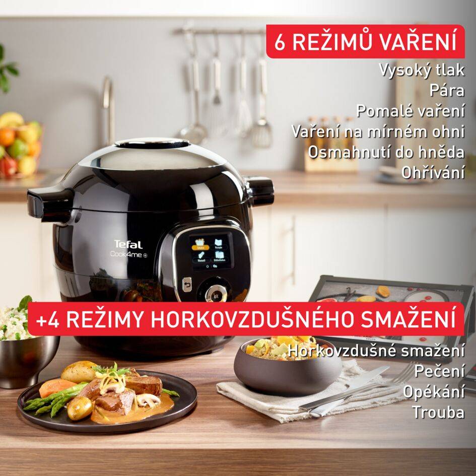 Chytrý multifunkční hrnec Tefal Cook4Me+ s víkem Extra Crisp CY85XF2, černý