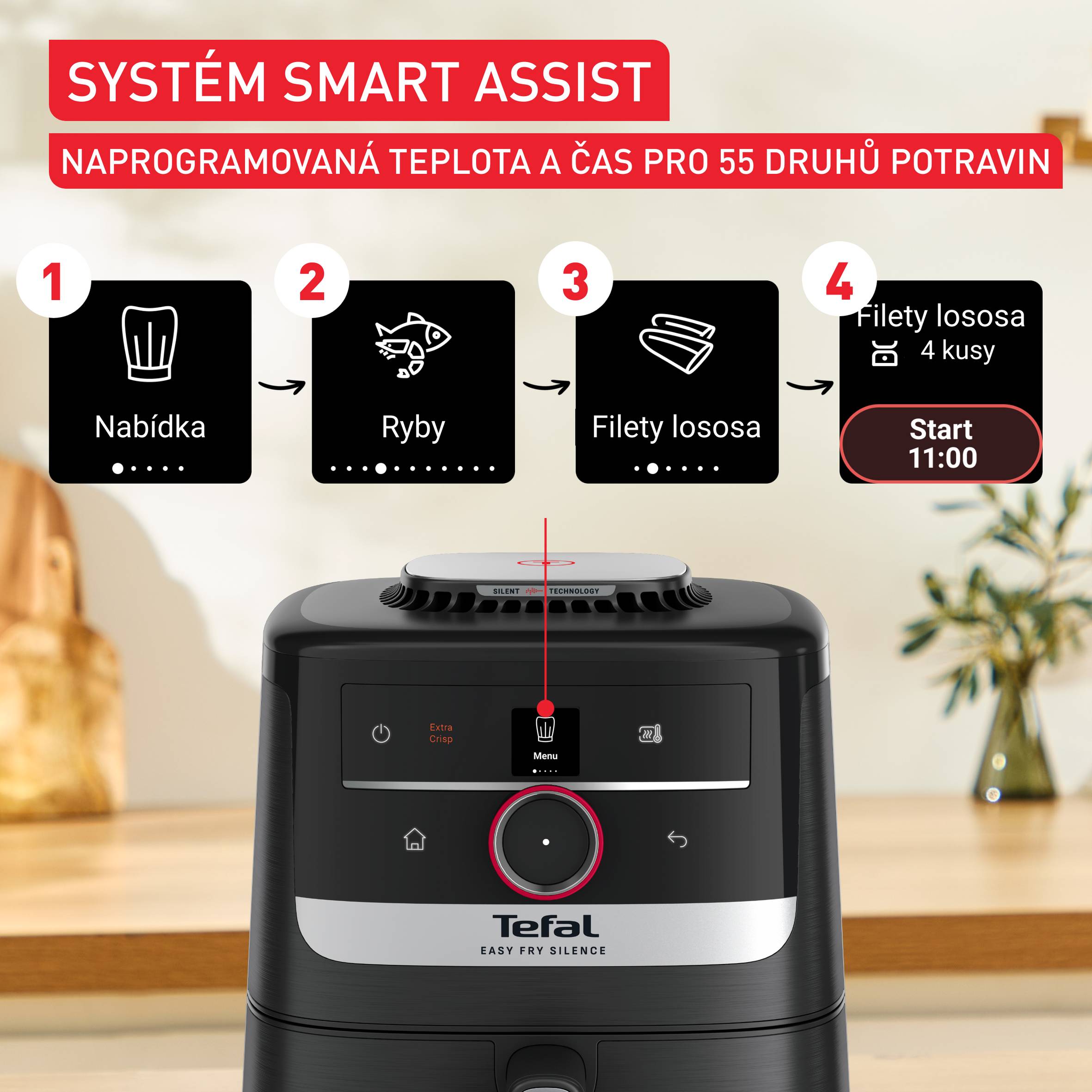 Tichá horkovzdušná fritéza Tefal Easy Fry Silence Smart 5 l EY5728E1, černá