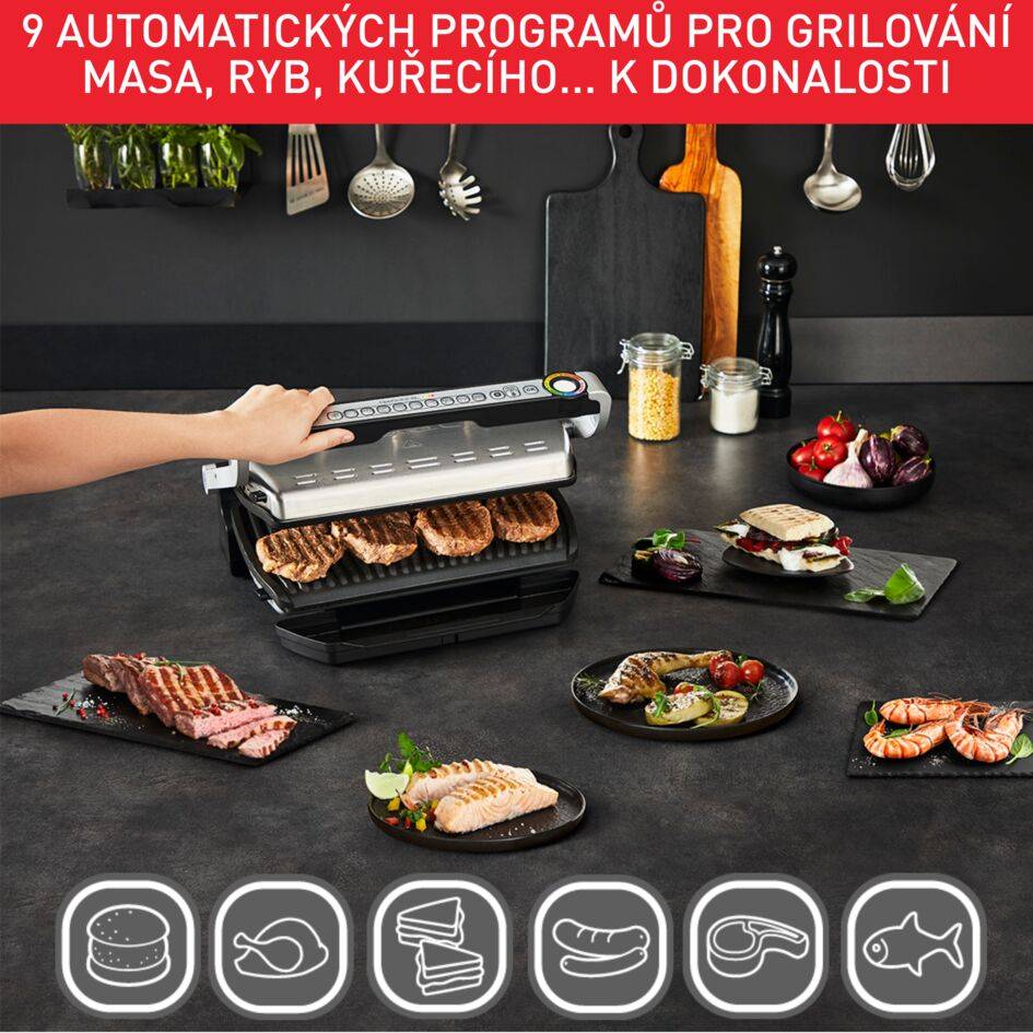 Elektrický stolní gril Tefal OptiGrill+ XL Snacking & Baking se zapékací mísou GC724D12 Stříbrný/Černý