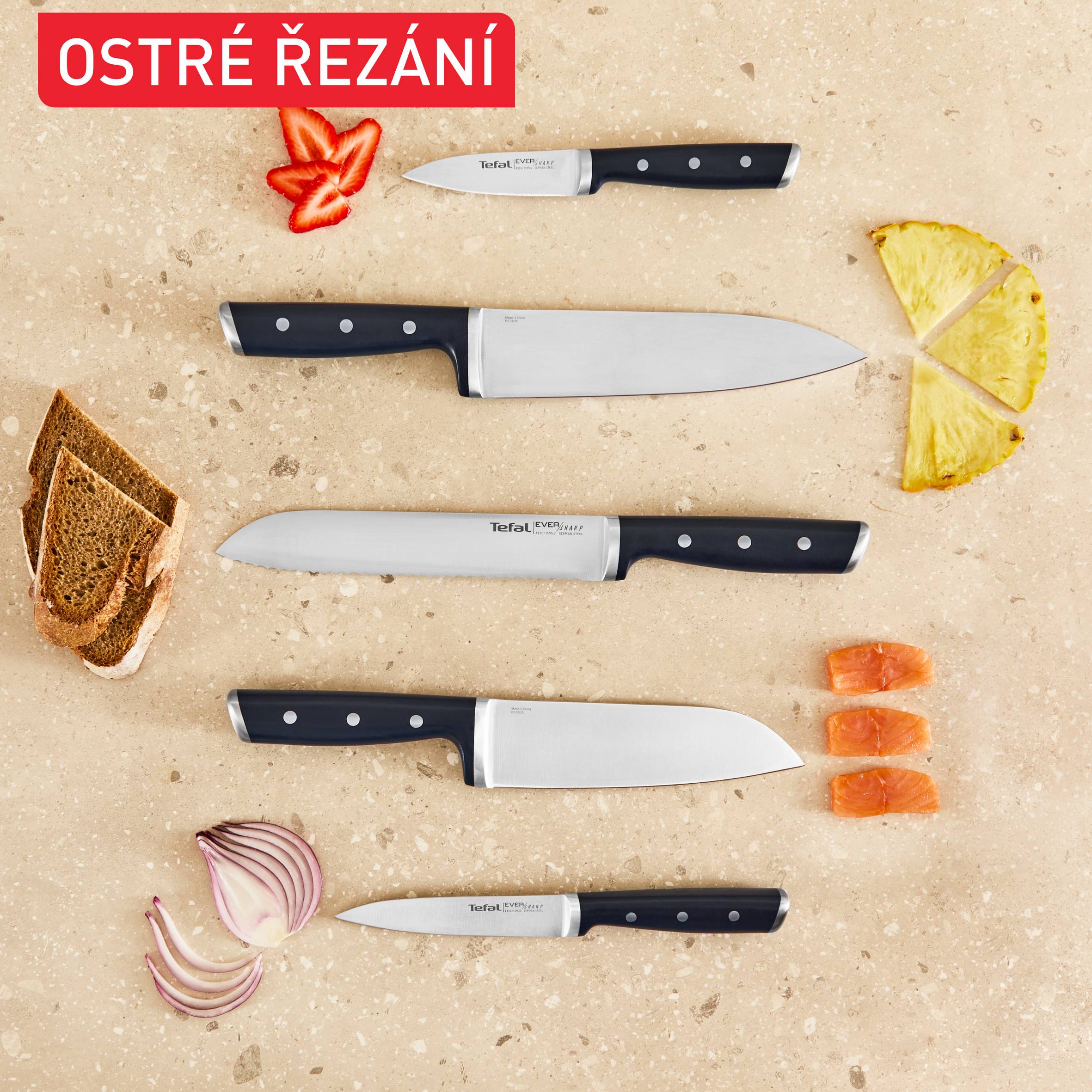Sada kuchyňských nožů a blok na nože s integrovaným brouskem Tefal EverSharp K297S644 5 ks