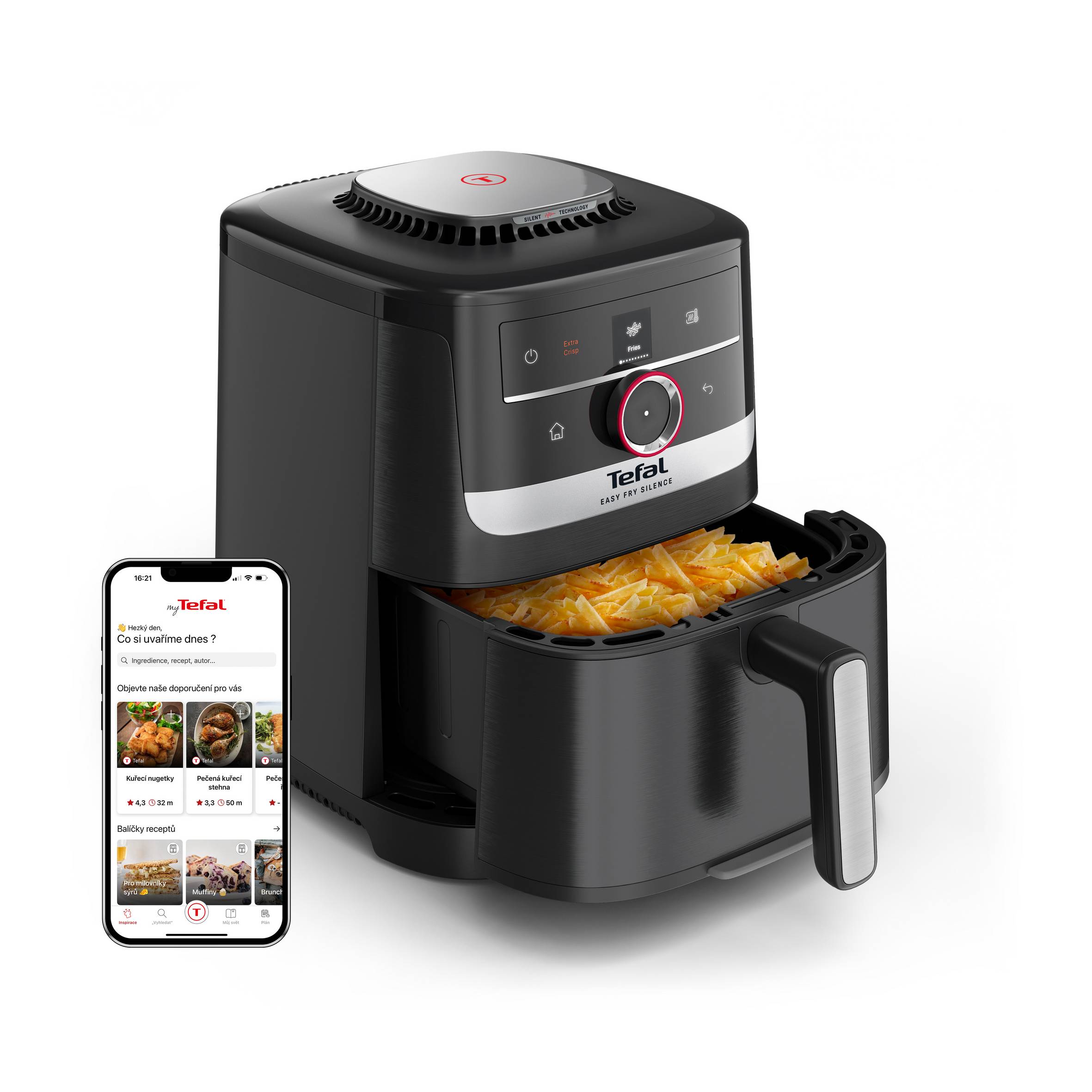 Tichá horkovzdušná fritéza Tefal Easy Fry Silence Smart 5 l EY5728E1, černá