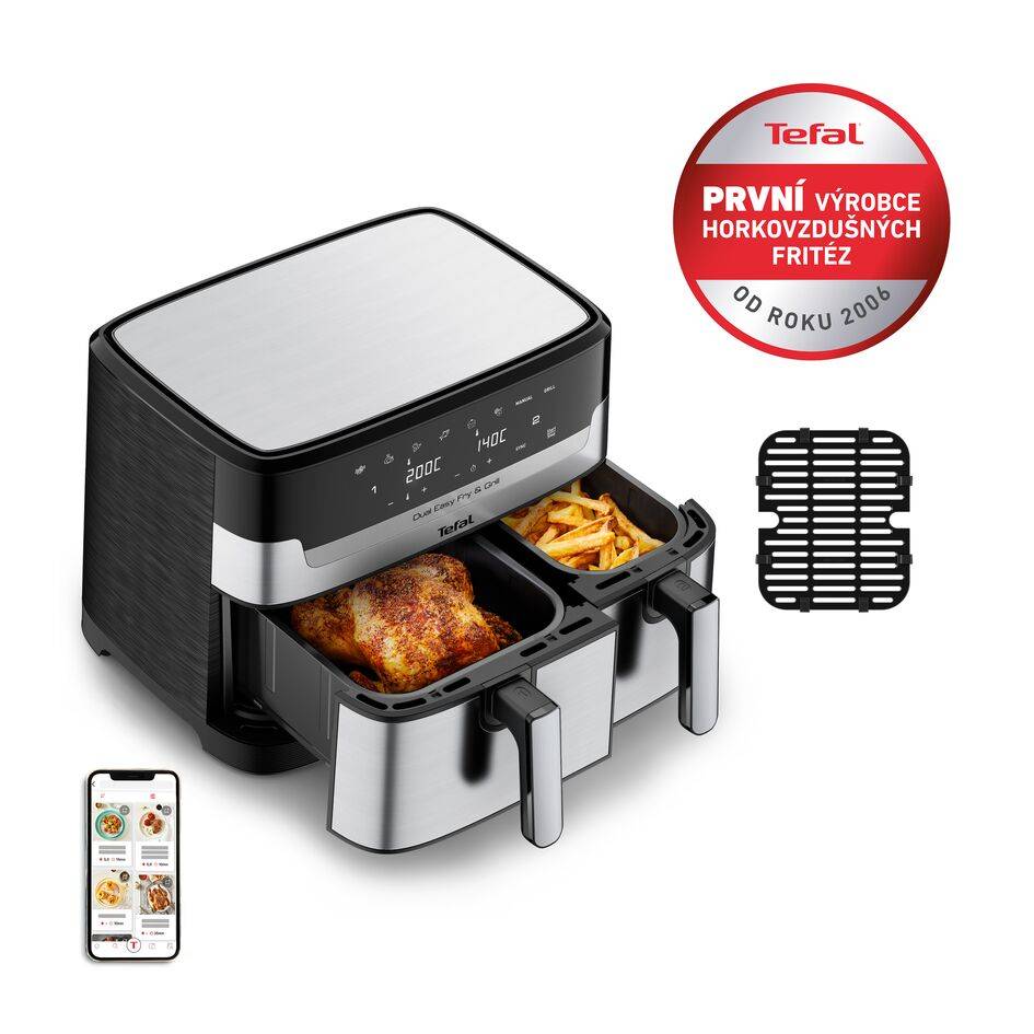 Dvojitá horkovzdušná fritéza Tefal Dual Easy Fry & Grill EY905D10 Nerezová/Černá