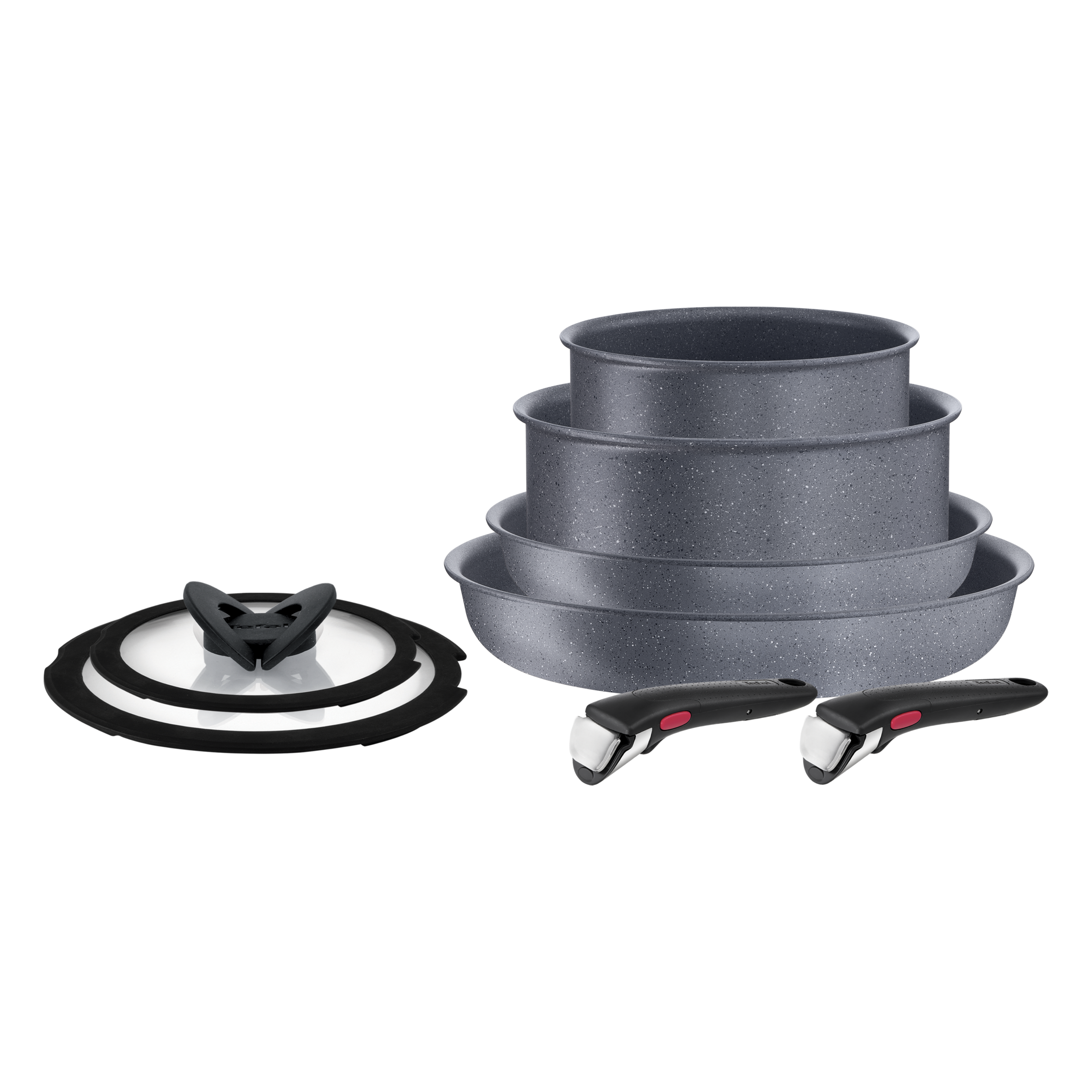 8dílná sada Tefal Ingenio Natural Force - rendlíky 16/20 cm + pánve 22/26 cm + skleněné poklice 16/20 cm + 2 odnímatelné rukojeti - L3969153 šedá