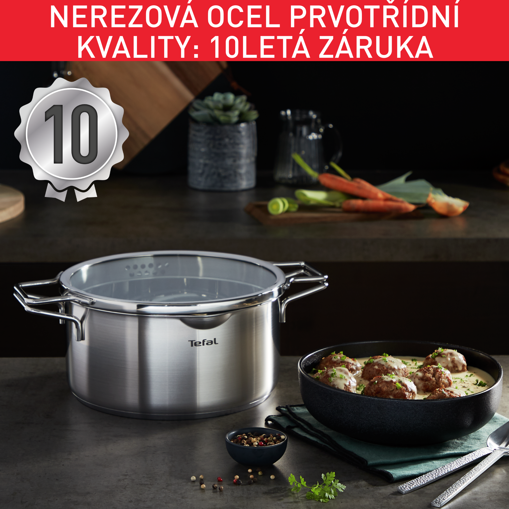 10dílná sada Tefal Nordica rendlík 16 cm + poklice, kastroly 18/20/24 cm + poklice, hrnec na těstoviny 22 cm + poklice H852SA56 nerez