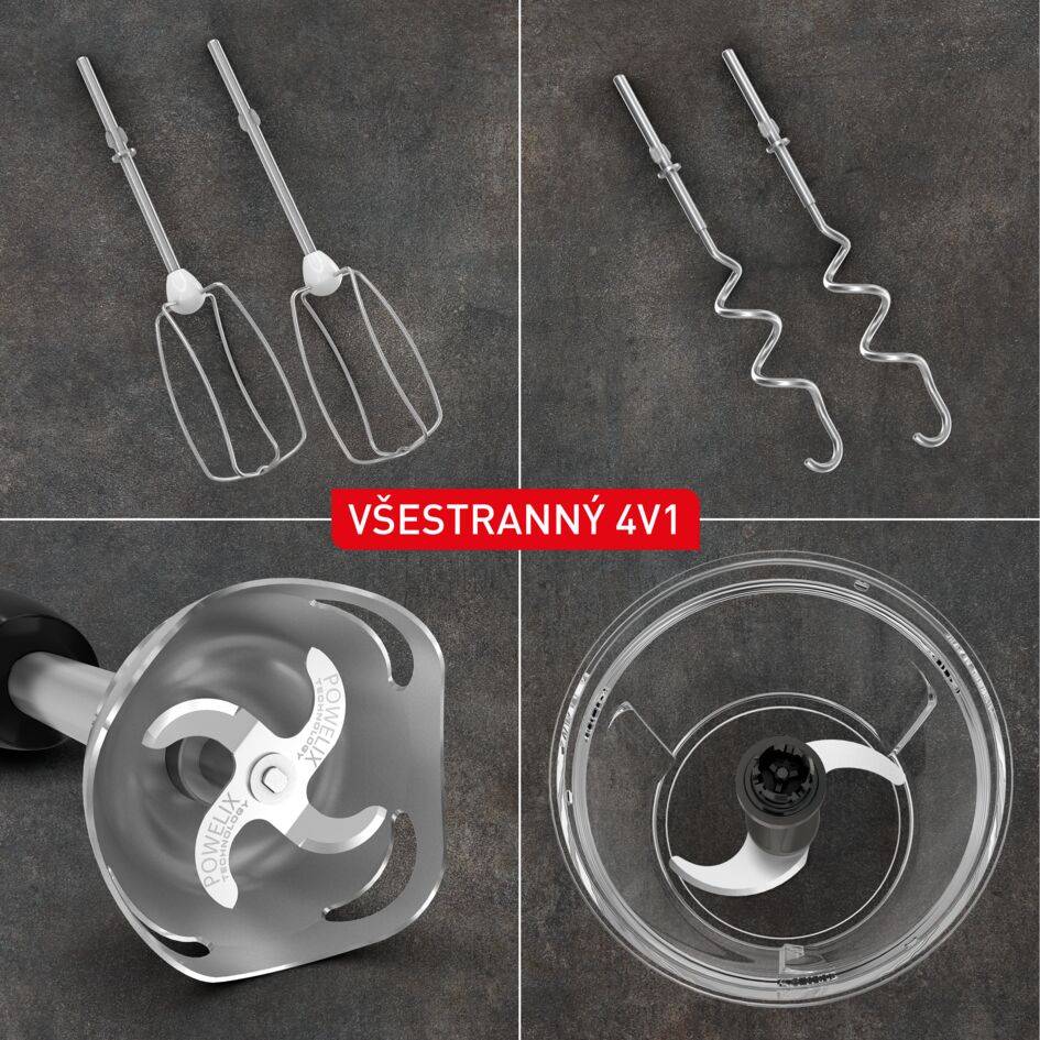 Tichý ruční mixér Tefal Powermix Silence 4v1 HT663AF0 chromově/stříbrno/černý