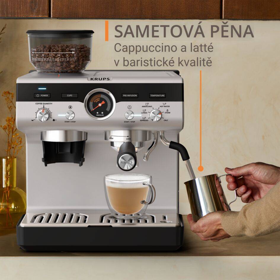 Pákový kávovar s mlýnkem KRUPS Precision XP801T10 Černá/Nerez