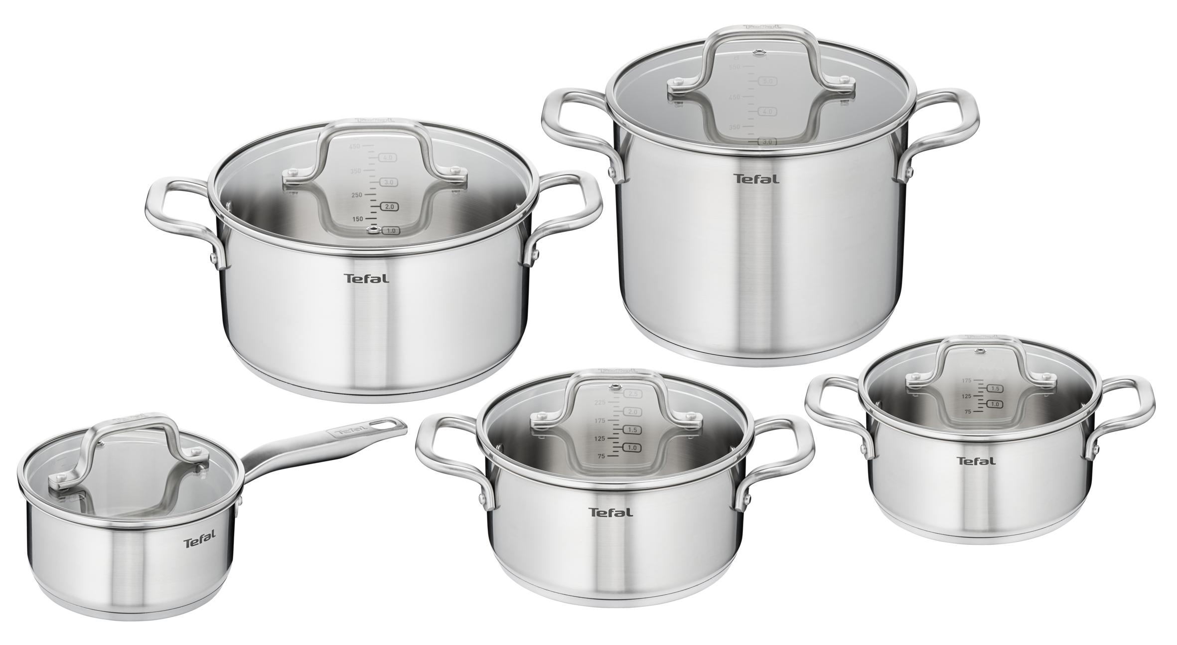 10dílná sada nádobí Tefal Virtuoso - rendlík 16 cm, kastroly 18/20/24 cm, hrnec na těstoviny 22 cm - E492SA25 nerez