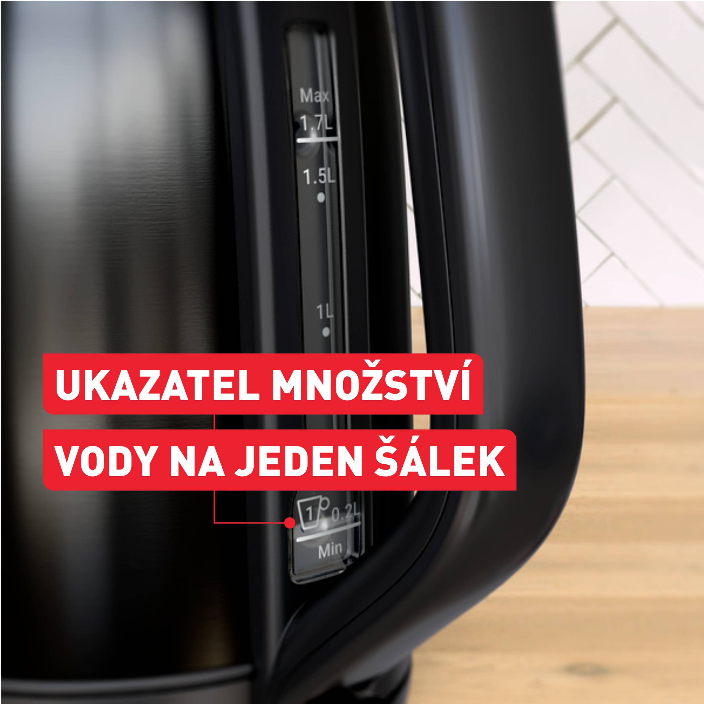 Subito, rychlovarná konvice, ukazatel množství vody na jeden šálek, otevírání jednou rukou