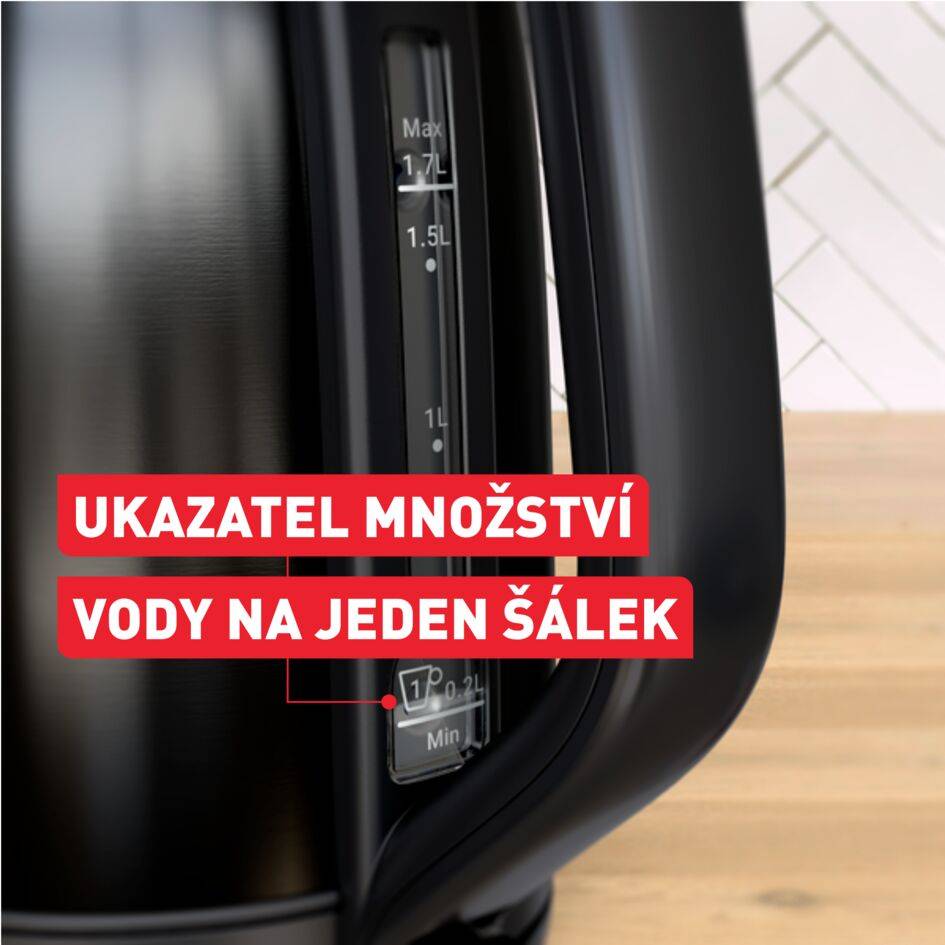 Subito, rychlovarná konvice, ukazatel množství vody na jeden šálek, otevírání jednou rukou