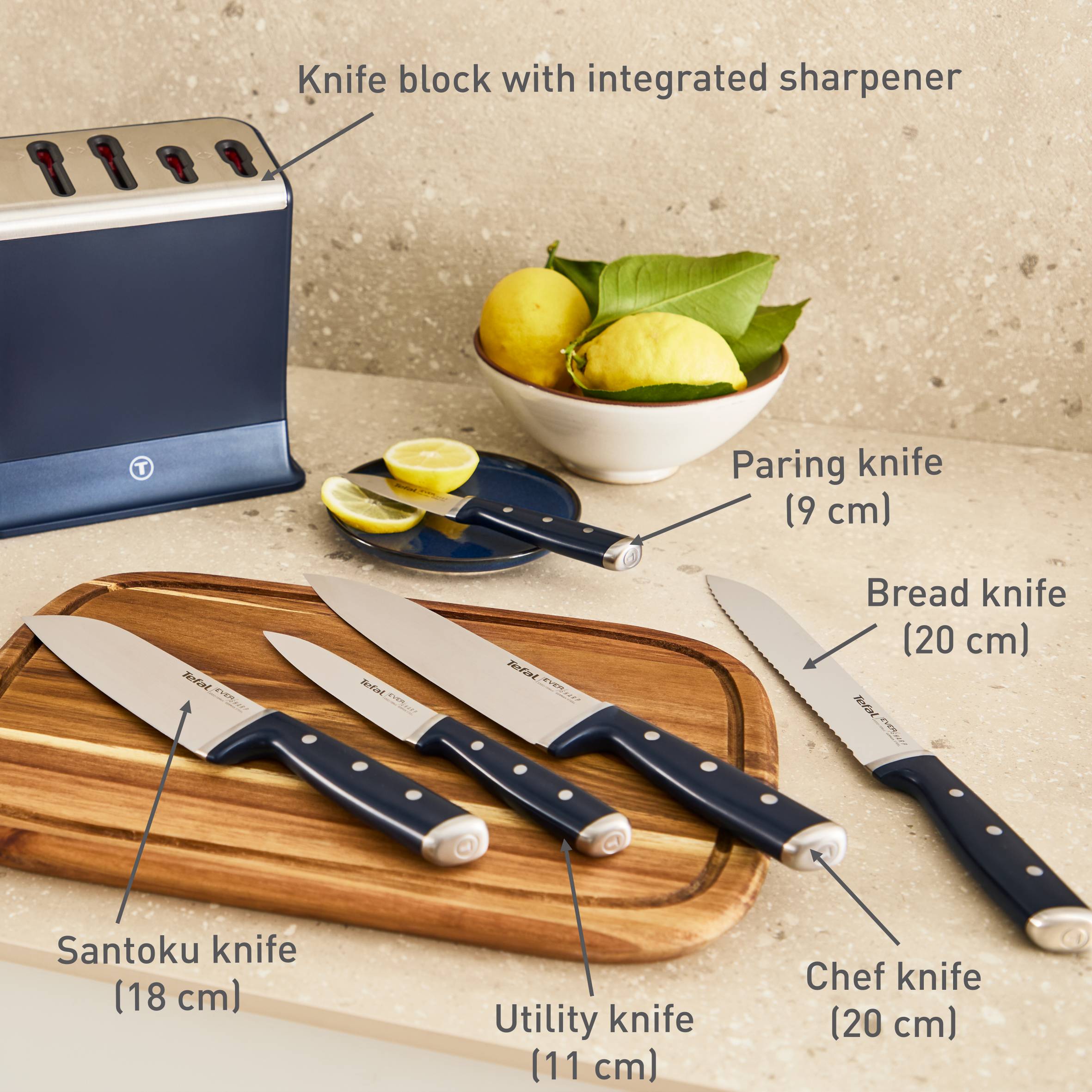 Sada kuchyňských nožů a blok na nože s integrovaným brouskem Tefal EverSharp K297S644 5 ks