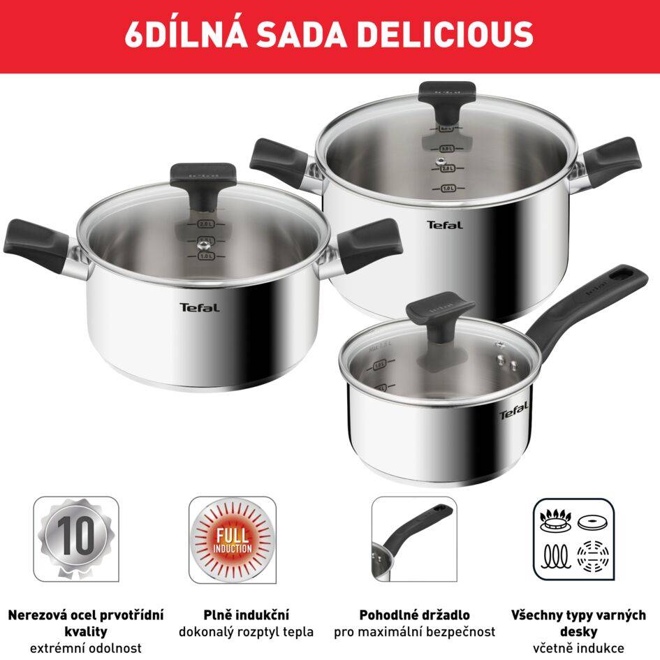 6dílná sada Tefal Delicious rendlík 16&nbsp;cm, kastroly 20/24 cm + poklice B925S655 nerez