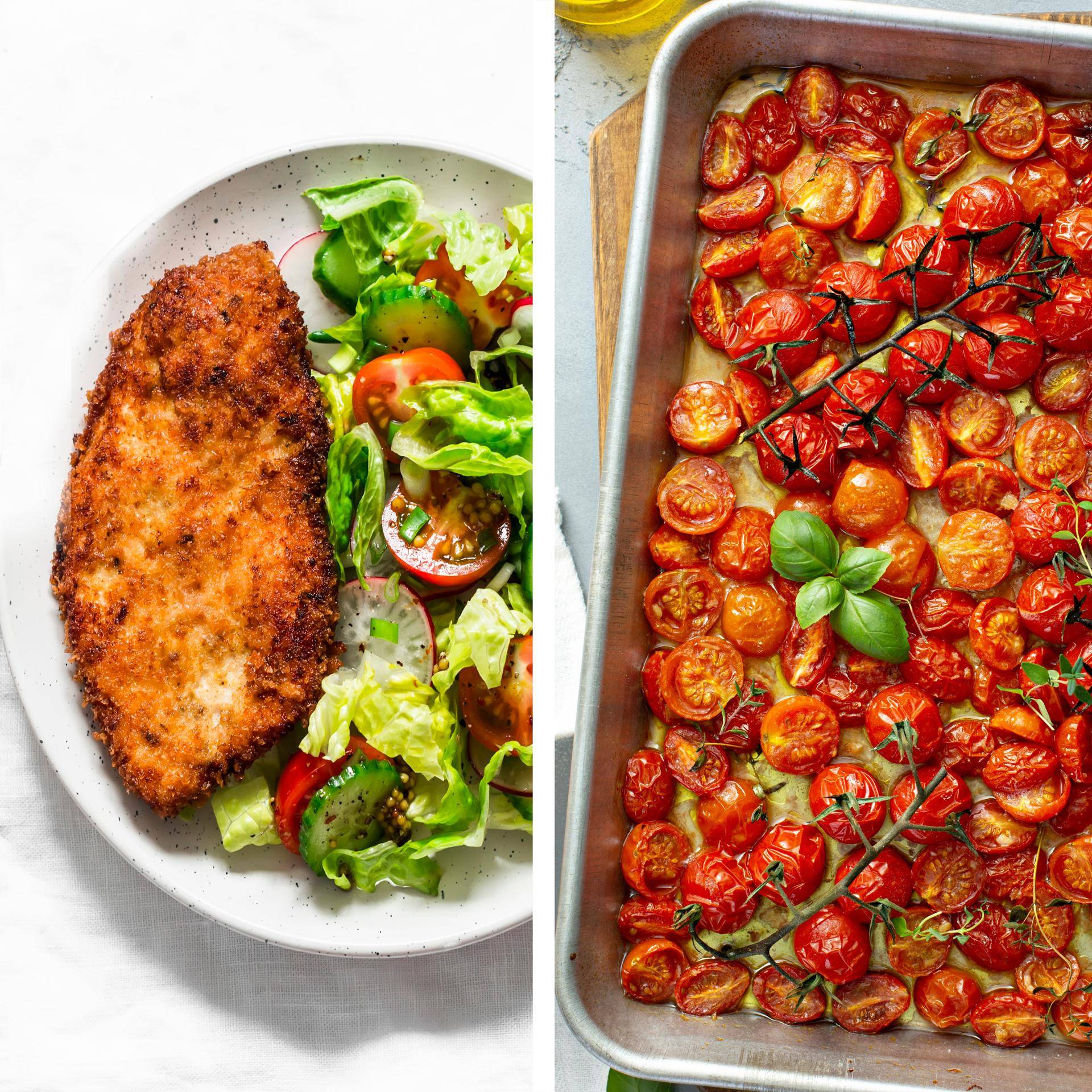 Kuře po milánsku, středomořský salát a pečená cherry rajčata - recept Dual EasyFry&Grill | Tefal