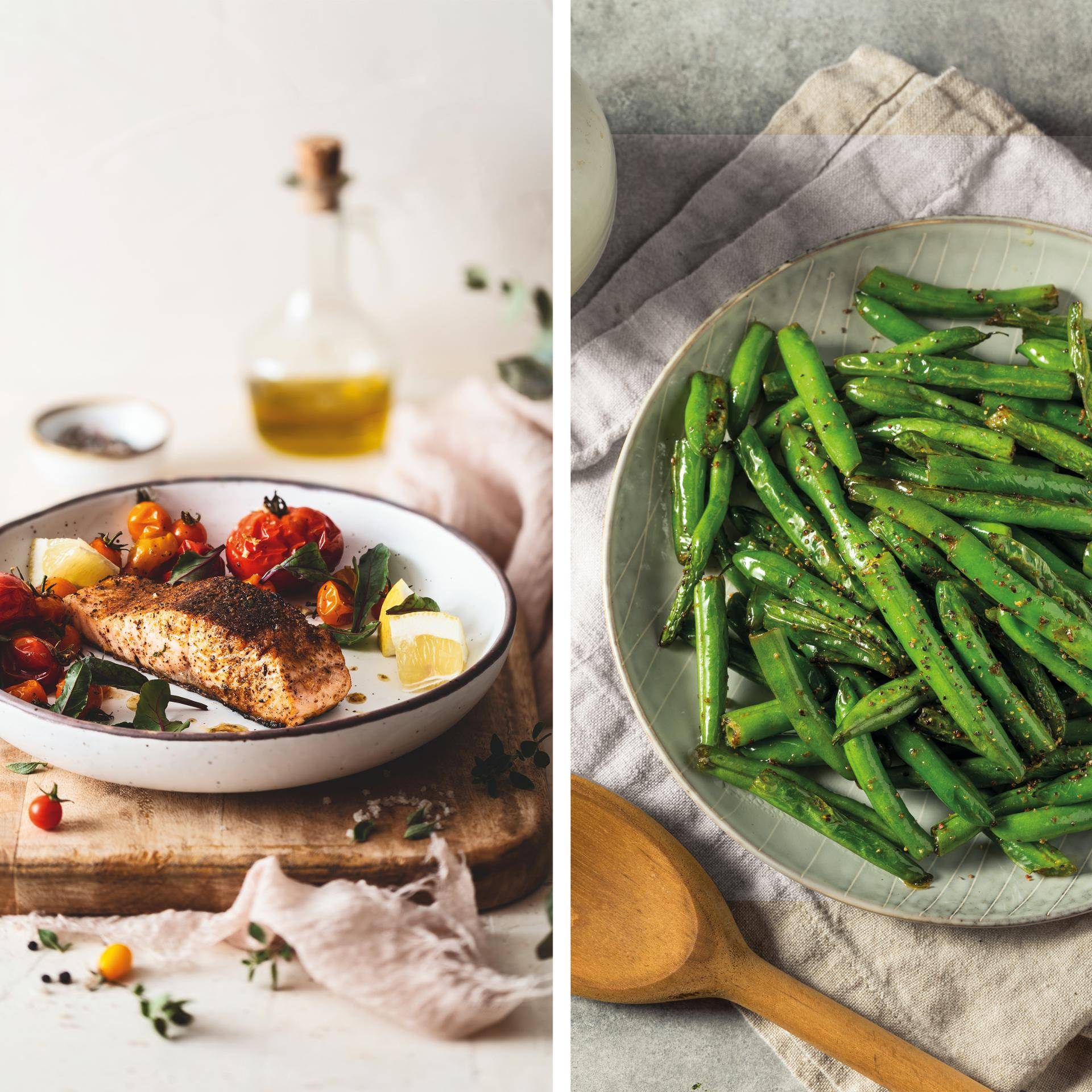 Losos s kajunským kořením a zelenými fazolkami s česnekem - recept Dual EasyFry&Grill | Tefal