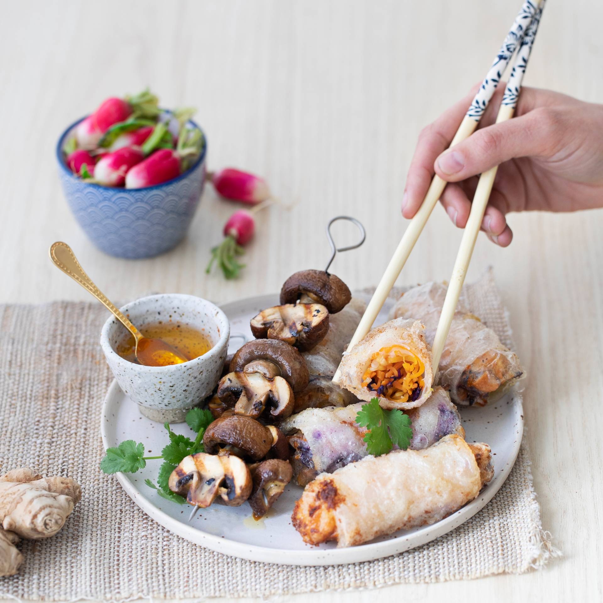 Houbové špízy a vegetariánské jarní závitky - recept EASY FRY & GRILL 2 in 1 XXL | Tefal